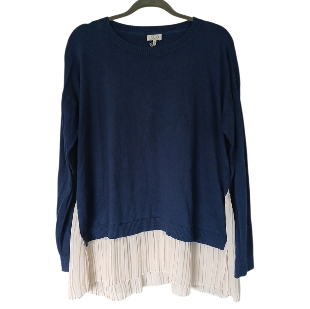 LOGO by Lori Goldstein Navy and Cream Layered Look Sweater Size Large